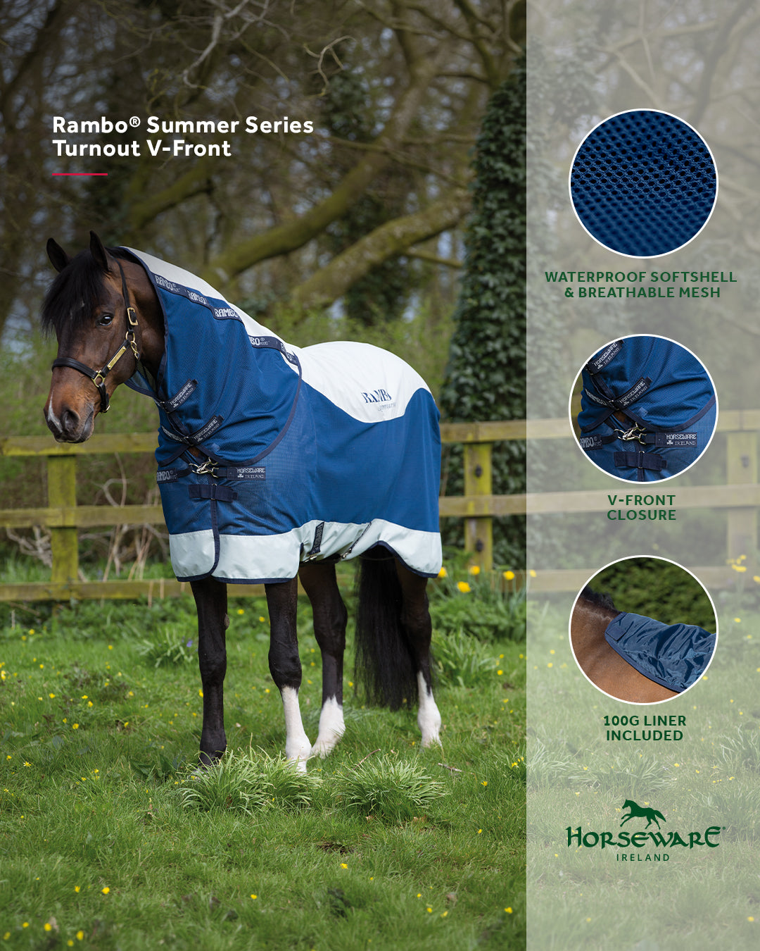 Rambo Summer Series V-Front, inkl. hals og 100 g liner - Fleksibelt sommer- og fluedækken / insektdækken til skiftende vejr