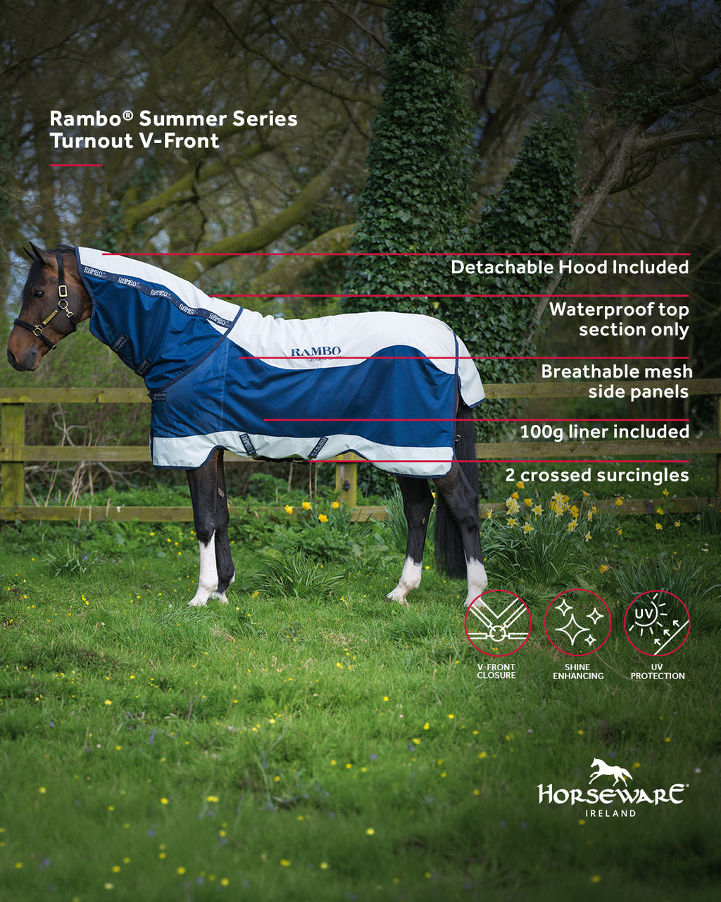 Rambo Summer Series V-Front, inkl. hals og 100 g liner - Fleksibelt sommer- og fluedækken / insektdækken til skiftende vejr