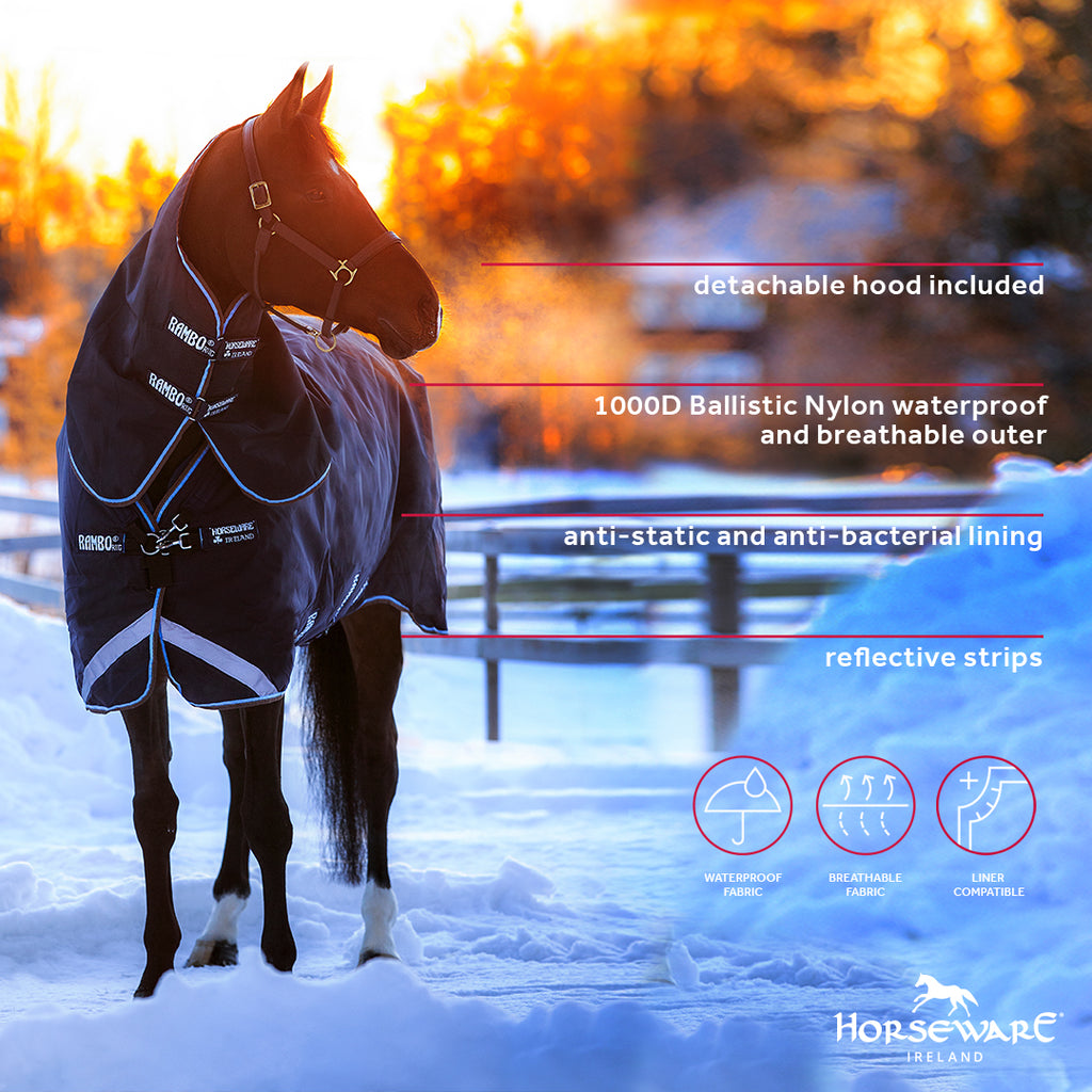 Horseware Rambo Duo Plus 1000D Ballistic Nylon, Turnout 100g , inkl. hals og 300g liner - Regndækken / Overgangsdækken / Vinterdækken