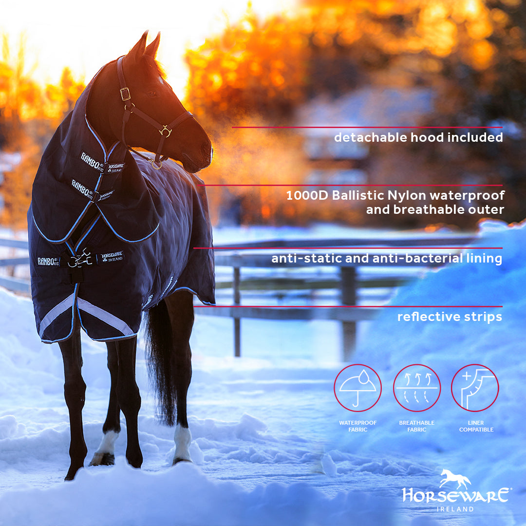 Horseware Rambo Duo Plus 1000D Ballistic Nylon, Turnout 100g , inkl. hals og 300g liner - Regndækken / Overgangsdækken / Vinterdækken