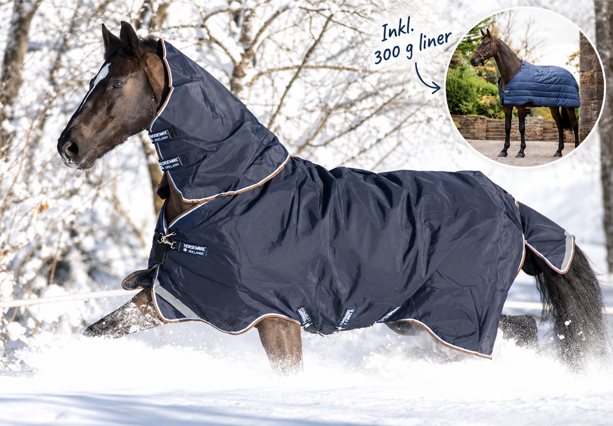 Horseware Rambo Duo Plus 1000D Ballistic Nylon, Turnout 100g , inkl. hals og 300g liner - Regndækken / Overgangsdækken / Vinterdækken