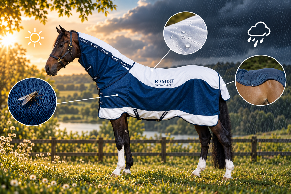 Horseware Rambo Summer Series V-Front, inkl. hals og 100 g liner - Fleksibelt sommerdækken og fluedækken / insektdækken til skiftende vejr
